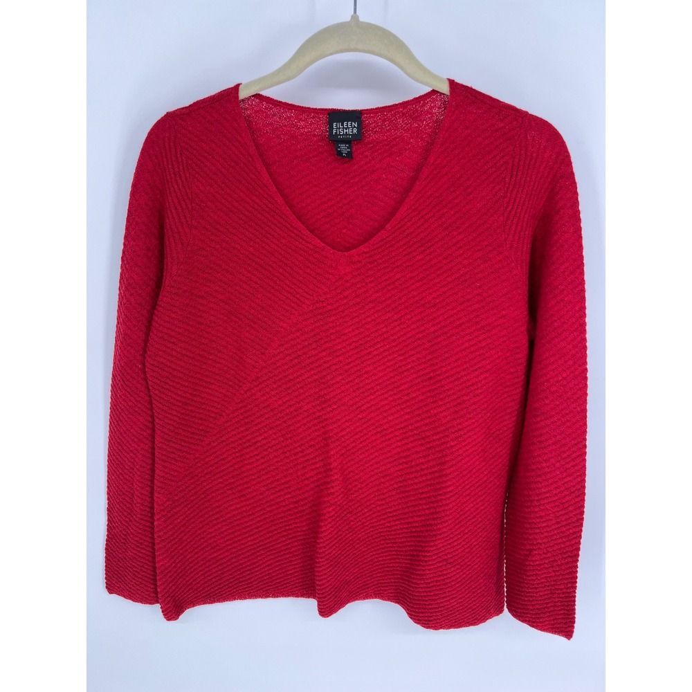 EILEEN FISHER 100% Wool Sweater Women PL Red V-Neck Ribbed Knit  Italian Yarn